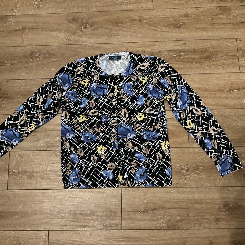 Karen Scott Petites Cardigan Black, white, yellow, periwinkle Size MP
